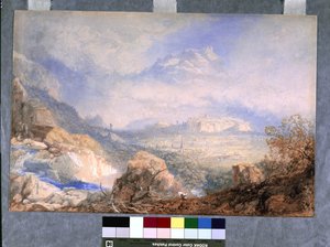 Rhônedalen med byen og citadellet i Sion, i Schweiz (akvarel og gouache på råhvidt papir) af James Baker Pyne