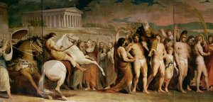 Crowning the Victors at Olympia, tredje af serien The Progress of Human Culture and Knowledge, detalje af centralpanelet viser Diagoras, ca. 1777-1801 (se 101472, 101473 og 101475) af James Barry
