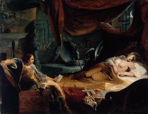 Iachimo kommer frem fra kisten i Imogens kammer af James Barry