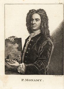 Portræt af Peter Monamy, engelsk marinemaler, der holder en maritim scene