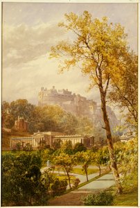 En udsigt over Princes Street Gardens og National Gallery, Edinburgh, der ser mod vest mod slottet, 1855