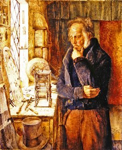 Vores landsbyurmager løser et problem (olie på lærred) af James Campbell