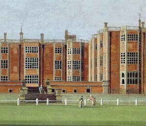 Udsigt over Temple Newsam House, ca. 1750 (olie på lærred) (detalje af 128852, der viser den centrale del af facaden) af James Chapman