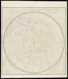Et kort over den sydlige halvkugle, der viser sporene efter nogle af de mest fremtrædende søfarere, af kaptajn James Cook fra Hans Majestæts flåde.