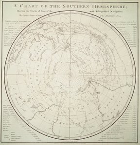 Kort over den sydlige halvkugle, der viser rejser og opdagelser fra før Cook. af James Cook