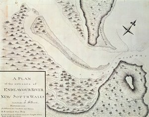 Kort over indgangen til Endeavour River, kort fra beretningen om den første tur ledet af James Cook (1728-1779) mellem 1768 og 1771, Australien