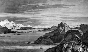 View of Christmas Sound, Tierra del Fuego, tegning af William Hodges, gravering af William Watts, illustration fra Voyage against South Pole, and Round World, af James Cook (1728-1779), udgave udgivet i Paris i 1778