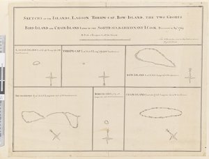 iii. Skitser af øerne Lagoon, Thrum-Cap, Bow-Island, de to grupper, Bird Island og Chain Island, der ligger i syd, havet... opdaget i Apl 1769 af James Cook