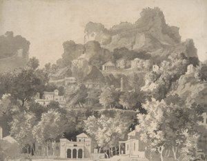 Klippelandskab med klassiske bygninger, ca. 1745 (pen og blæk med vask på papir) af James Deacon