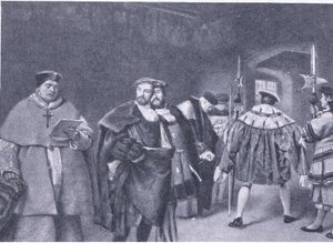 Afskedigelse af kardinal Wolsey af kong Henry VIII, fra Cassells History of the British People udgivet af Waverley Book Company, ca. 1950