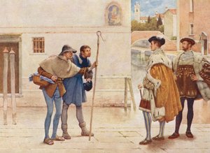 Shakespeares Købmanden i Venedig: Bassanio, Lorenzo, Gamle Gobbo og Launcelot Gobbo (farvelitografi) af James Dromgole Linton