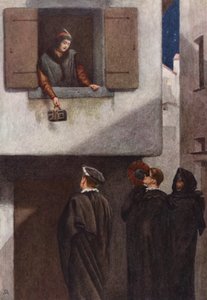 Shakespeares Købmanden i Venedig: Jessica, Lorenzo, Gratiano og Salarino (farvelitografi) af James Dromgole Linton