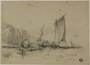 Fiskebåde i nærheden af klipper af James Duffield Harding