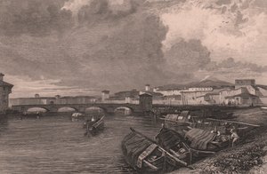 Udsigt over Arno-floden i Pisa, Toscana, Italien, stålgravering af Thomas Higham (1796-1844) efter tegning af James Duffield Harding (1798-1863) af James Duffield Harding