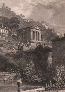 Udsigt over Clitumnus-templet langs Clitunno-floden nær Campello sul Clitunno, Umbrien, Italien, stålgravering af Jordan efter tegning af James Duffield Harding (1798-1863), ca. 10, 5x15 cm af James Duffield Harding