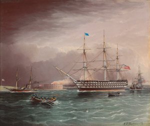 U.S.S. Pennsylvania under slæb ved udbruddet af den amerikanske borgerkrig med Fort Monroe i baggrunden