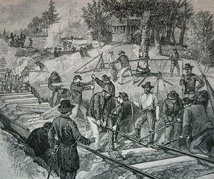 Tropper ødelægger et jernbanespor (gravering) af James E. Taylor