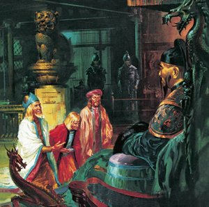 Marco Polo foran Kublai Khan, 20. århundrede (litografi) af James Edwin McConnell