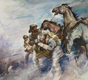 Mænd og heste kæmper mod en storm (gouache på papir) af James Edwin McConnell
