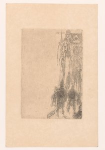 Figurer går hen mod en port med kød og fisk Menu pour Charles Vos af James Ensor