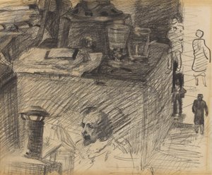 Et hjørne i atelieret med en ovnfod, en kiste og figurer af James Ensor