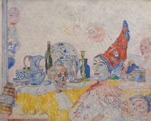 Pjerrot og skelet i en gul kappe af James Ensor