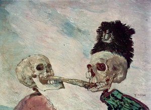 Skeletter, der kæmper om en sild (olie på panel) af James Ensor