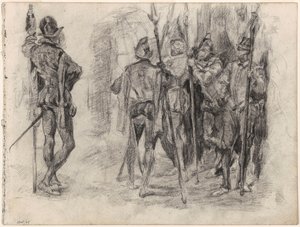 Skitser af figurer og fem spanske soldater med lanser af James Ensor
