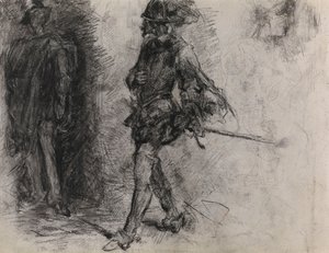 En spanier, der står i skyggen, en anden mand og et hoved set i profil af James Ensor