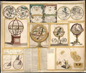 Samling af ni billeder, herunder astronomiske instrumenter, himmelkort og et verdenskort. LOC 2013593153 af James Ferguson