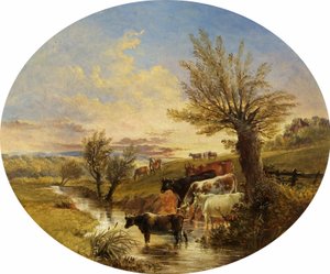 Landskab med bæk og kvæg, 1888 af James Flewitt Mullock
