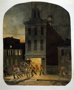 Philadelphia Brandvæsen forlader kasernen for at gå til brandstedet. Akvarel af James Fuller Queen (1820-1866) 1857.