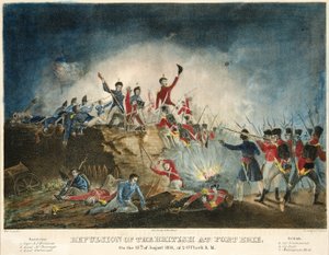 Afvisning af briterne i Fort Erie den 15. august 1814 kl. 02.00, pub. 1841, (håndfarvet gravering)