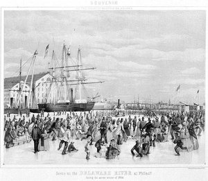 Scene på Delaware-floden ved Philadelphia under den alvorlige vinter i 1856, ca. 1860 (litho) (s/h-billede)