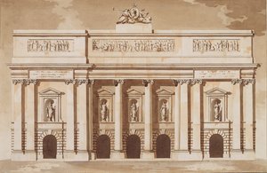 Elevation for West Front of Parliament House, Dublin, ca. 1787 (pen og pensel med brunt blæk og wc på lagt papir) af James Gandon