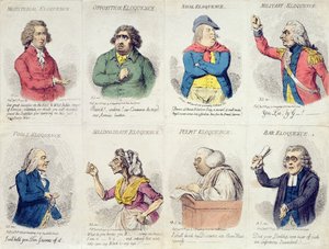 8 vignetter, der skildrer veltalenhed, udgivet af Hannah Humphrey i 1795 (håndkoloreret radering)