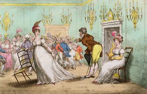 A Broad Hint of Not Meaning to Dance, udgivet af Hannah Humphrey i 1804 (håndfarvet radering)