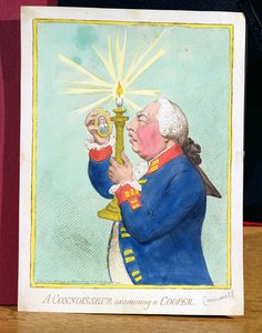 En kender, der undersøger en Cooper, George III (1738-1820), der frygter en ny revolution, kigger på et portræt af Cromwell, pub. af Hannah Humphrey, 1792