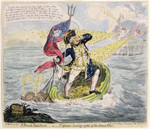 En fransk haglstorm, eller Neptun, der mister Brest-flåden af syne, udgivet af Hannah Humphrey i 1793 (håndfarvet radering)