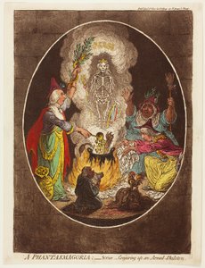 A Phantasmagoria - Scene - At fremtrylle et bevæbnet skelet af James Gillray