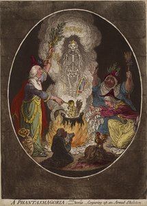En Phantasmagoria; - Scene - Fremtryller et bevæbnet skelet., 5. januar 1803 (håndfarvet radering og akvatint på vævet papir) af James Gillray