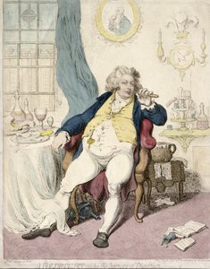 A Voluptuary under the Horrors of Digestion, udgivet af Hannah Humphrey i 1792 (håndfarvet radering)
