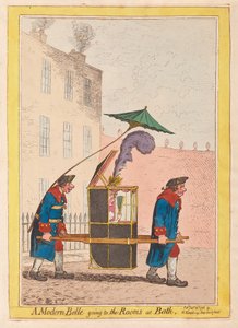 En moderne Belle, der går til Rooms at Bath, pub. 1796 (håndfarvet gravering)