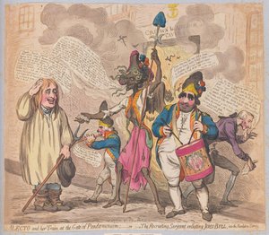 Alecto og hendes Train at the Gate of Pandaemonium eller The Recruiting Sarjeant, der hverver John Bull til Revolution Service, pub. (håndfarvet gravering)