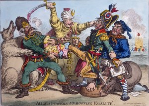 Allied Powers Un-Booting Egalite, udgivet af Hannah Humphrey i 1799 (håndfarvet radering)