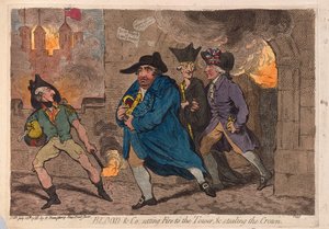 Blood & Co. sætter ild til tårnet og stjæler kronen, pub. 1788 (håndfarvet gravering)