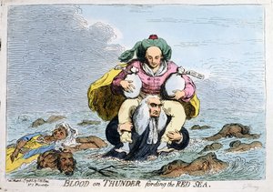 Blood on Thunder fording the Red Sea, udgivet af S.W. Fores i 1788 (håndkoloreret radering) af James Gillray