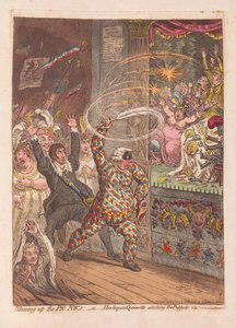 Sprænger Pic Nics i luften eller Harlequin Quixotte, der angriber Puppets, pub. 1804 (håndfarvet gravering)