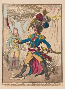 Bonaparte, der hører om Nelsons Victory, sværger ved sit sværd for at udrydde englænderne fra jorden, pub. 1798 (håndkoloreret gravering)