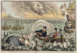 Britiske tjærer, der slæber den danske flåde ind i havnen, eller The Broadbottom Leviathan, der forsøger at oversvømme Billys gamle båd, og den lille korsikaner, der vakler på ambitionernes skyer, 1807 (håndfarvet radering